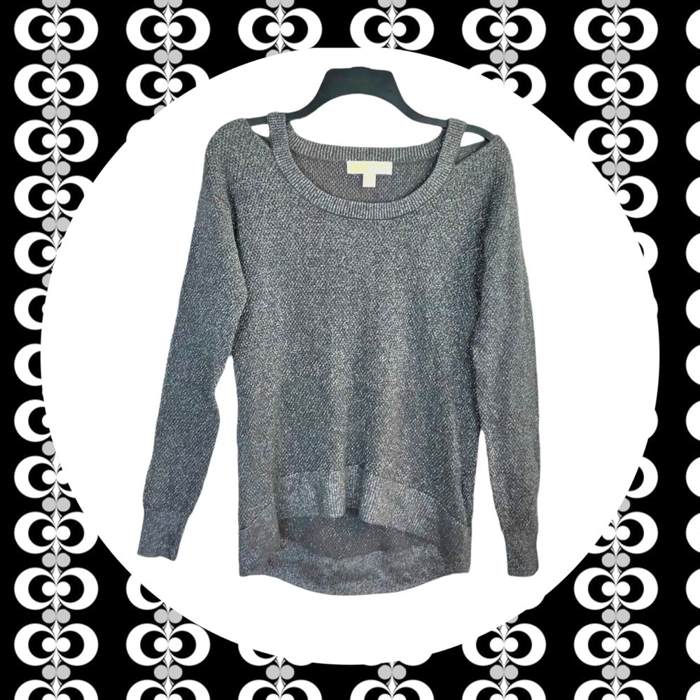 Michael Kors Dark Gray w Silver Metallic Shimmer Peek Shoulder Top Women Small